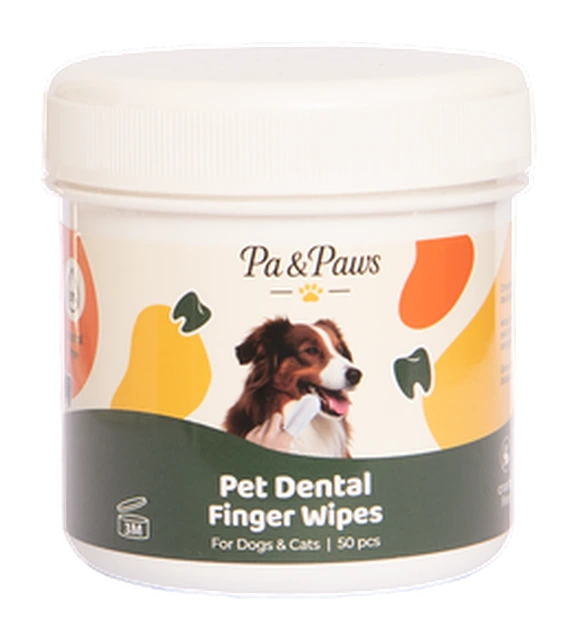 Pa & Paws Pet Dental Finger Wipes tub, product photography on a transparent background.