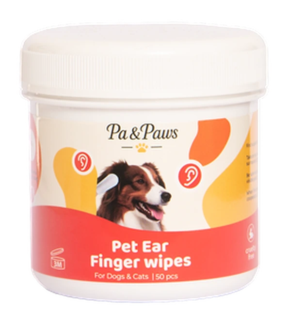 Pa & Paws Pet Ear Finger Wipes tub, product photography on a transparent background.