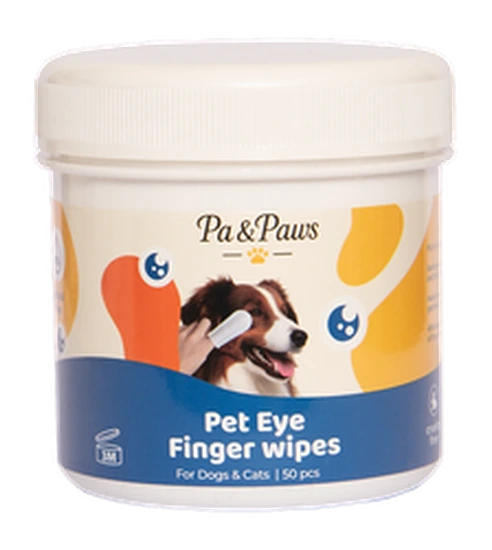 Pa & Paws Pet Eye Finger Wipes tub, product photography on a transparent background.