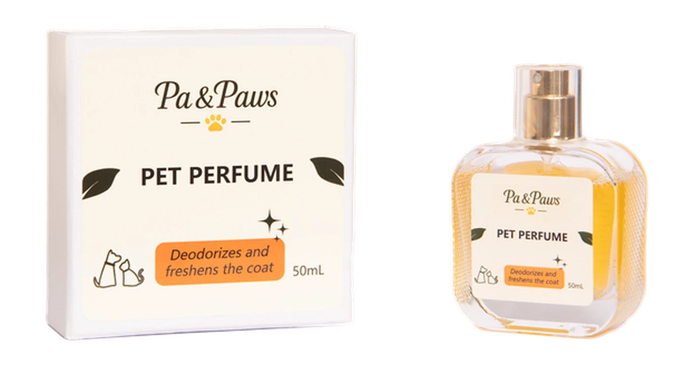Pa & Paws Pet Perfume bottle and box, 50 millilitres, product photography on a transparent background.